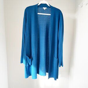 J. Jill Open Front Duster Long Sleeved Sweater, Teal Blue, Size L Tall